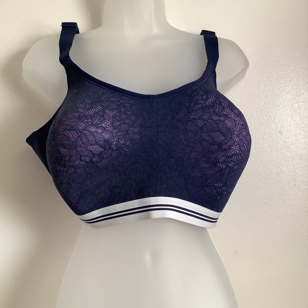 Cacique Navy Blue Floral‎ Lace Unlined Bra 44D Striped Band Full Coverage